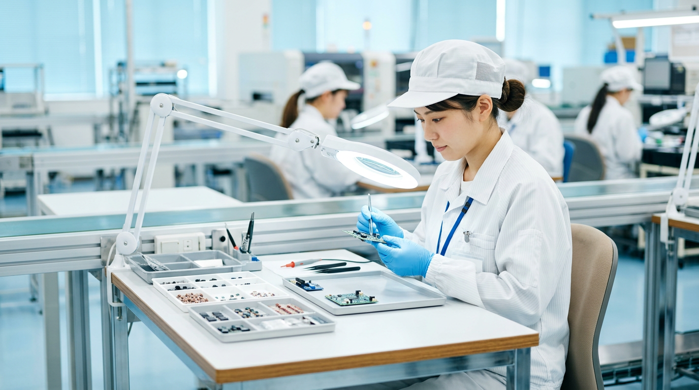 製品の目視検査をする女性スタッフのイメージ